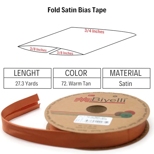 Image of Fold Satin Bias Tape - 99+ Colors - 3 /4 Inches Wide - 27 Yards - Fold Satin Binding Bias Ribbon Fabric Piping Bias Binding Tape for Sewing Clothing DIY (72. Warm Tan) BYS72