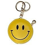 HOLAWIT Cute Happy Face Positive Smile Zipper Coin Wallet Purse Pouch with Keychain Soft Synthetic Leather Attached Key Ring - Yellow