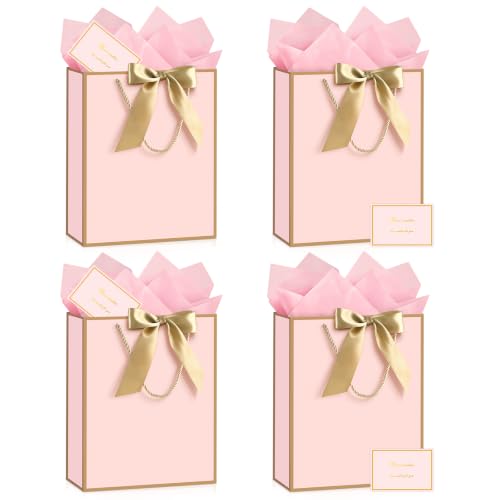Image of JMANNI Gift Bags with Handles, 13 inch Medium Gift Bag for Presents, 4 Pcs Bags with 8 Tissue Paper and 4 Cards for Baby Shower Wedding Bridal Shower Mother's Day Birthday Party(pink)