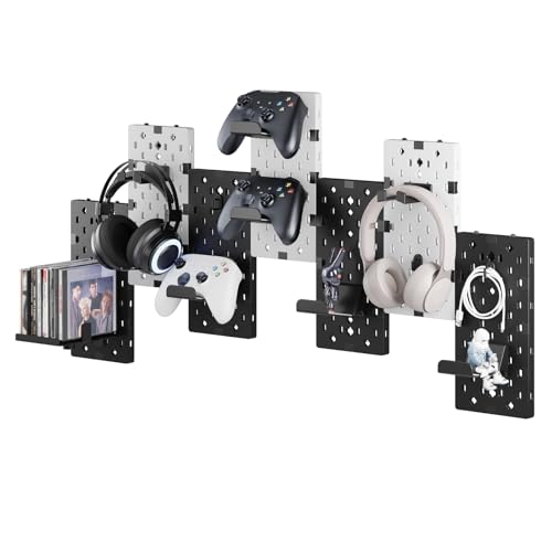 Image of PEGZONE Controller and Headphone Holder Wall Mount, Modular Gaming Pegboard with Accessories, Controller Stand for Xbox PS5 PS4 Switch, Video Game Storage, Disc Shelf, 7pcs Pegboard, Black & White