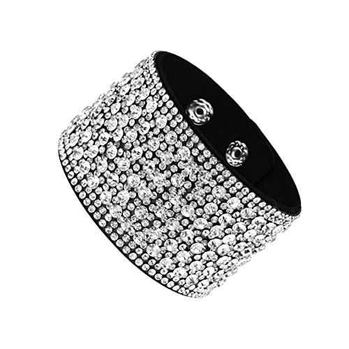 Caiyao Boho Bangle Leather Bracelet For Women Rhinestone Bangle Bracelet For Teen Girls Magnetic Wide Edge Bracelet Leather Wrap Cuff Bracelet-White #TOP11
