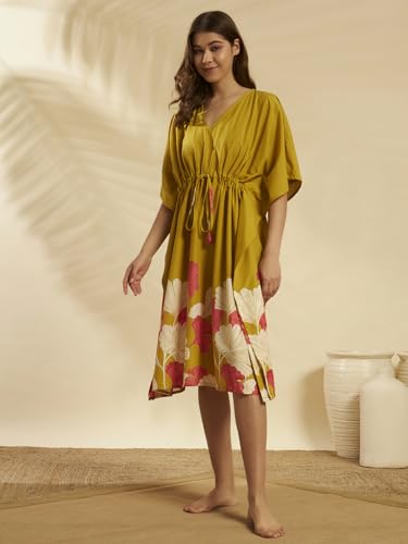 Image of Ravaiyaa Women Printed Cotton V-Neck Knee Length Kaftan Dress Nighty