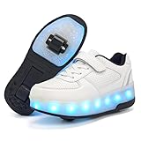 Wooowyet LED Roller Skate Shoes for Kids Boys Girls Light Up Fashion Sneakers Wheels Roller Shoes Wheeled Hook&Loop LED Light Up Skating Wheelies Rolling Glowing Neon Luminous White Big Kids 7