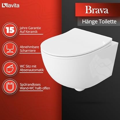 Lavita Vorwandelement Solido + Wand Hänge WC Brava Weiß Spülrandlos + WC Sitz mit Absenkautomatik Glänzend Weiß Knopf Komplettset Unterputz Spülkasten Toilette Komplett Sett WC – Bild 6
