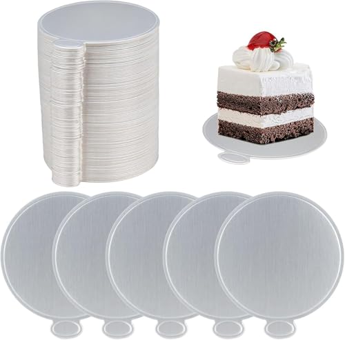 HONZUEN Lot de 100 Mini Planches à gâteau Rondes - pour Mousse et Dessert - Respectueux de l'environnement - Réutilisable - pour Mariage, Anniversaire (8 cm) (argenté)