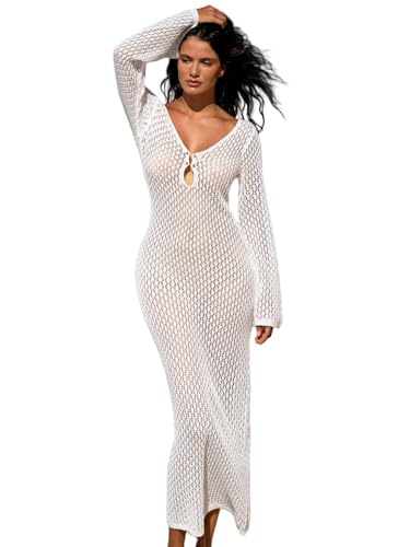 Womens V Neck Bell Sleeve Crochet Maxi Dresses Long Dress Hollow Out Summer Beach Vacation Cover Up