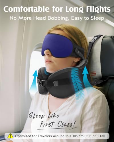 Image of YFONG Travel Pillow with Head Support & Sleep Mask for Long Flights, Blue | Patented 360 Support System, Prevents Bobbing, Airplane Head Strap, 3D Eye Mask, Memory Foam Neck Pillow, Travel Essential