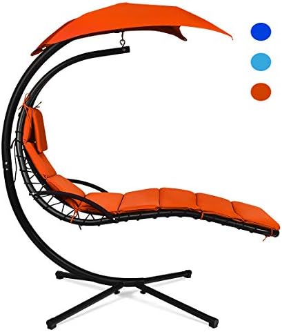 Giantex Hanging Chaise Lounger Chair, Arc Stand Porch Swing Chair w/Canopy, Cushion Built-in Pillow, Outdoor Freestanding Swing Hammock Chair for Patio Poolside Backyard Garden (Orange)