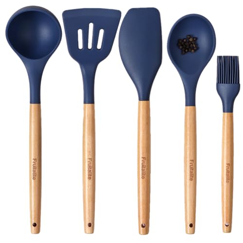 Image of Fruitalite Silicone Spatula Set- 5 Pcs | Non-Stick Kitchen Utensils with Wooden Handle- BPA Free, Heat Resistant Set, Non Toxic Premium Cookware Tools for Cooking, Baking & Mixing- Midnight Blue