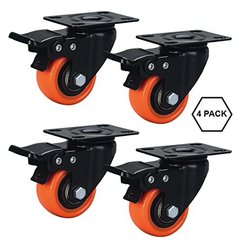 Image of 2 inch Caster Wheels Set of 8, Heavy Duty Casters with Brake, No Noise Locking Casters with Orange Polyurethane (PU) Wheels, Swivel Plate Castors Pack of 8