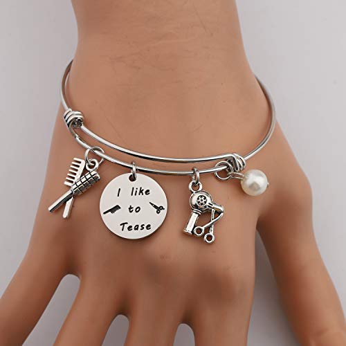 Image of HOLLP Expandable Hairdresser Bracelet Hair Stylist Charm Bracelet with Comb Hair Drier Charm Hairdresser Jewelry I like to Tease Bracelet Gift for Stylists