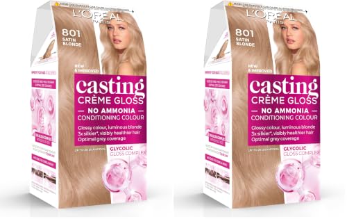 Image of Casting Crème Gloss 801 Satin Blonde: This no-ammonia, semi-permanent hair colour lasts 32 washes. Experience up to 3x glossier, 4x silkier, visibly healthier hair with a soft, radiant satin blonde.