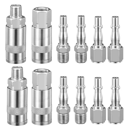 ASelected 12 Pcs Air Compressor 1/4 Inch BSP Air Line Hose Fittings Connectors Couplings Connector Plug Kit Air Line Connectors Quick Release Extension Connector Coupler for Compressor Tools