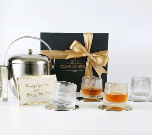 Image of Car-O-Bar Gift Set Mirror Finish Stainless Steel Premium Design Ice Bucket for Bar & Home | Set of 4 Whiskey Glasses & Peg Measurer for a Home Bar Setup | Perfect Giftset