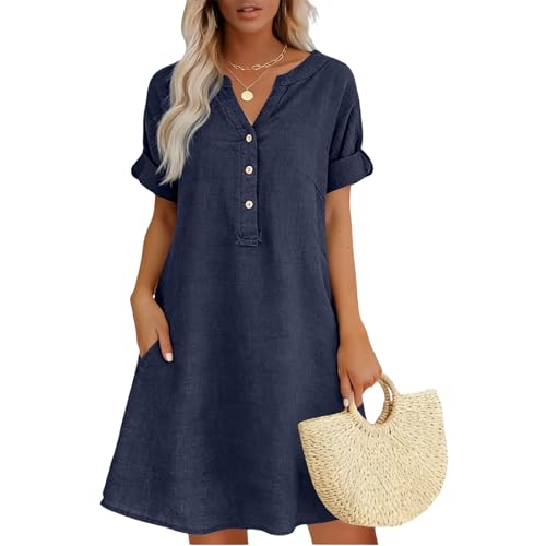 Linen Dress Women Dressy Casual V Neck Cotton Short Sleeve Maxi Summer Dresses 2026 Ladies Flowy Midi A-Line Beach Tunic Sundress Boho Gauze House Dress Spring Teacher Plus Size Comfy Clothes Navy