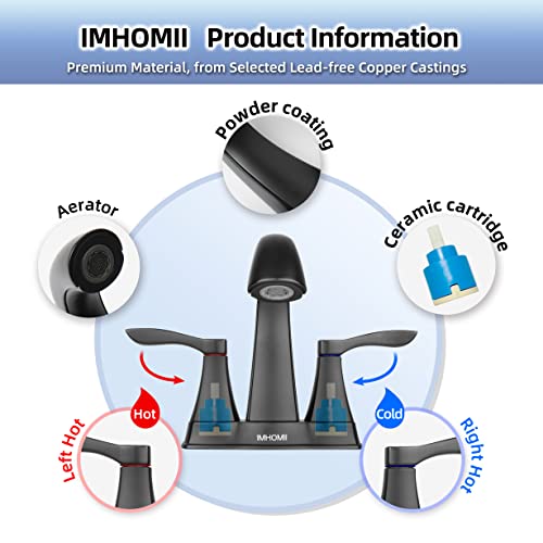 Imhomii 4" Black Centerset Bathroom Faucet,4 Inch Lavatory Faucet, 2-Handle Spout Centerset Vanity Sink Faucet In Matte Black, Soft Water Brass Faucet Compatible With All Drain Assembly W/O Lift Rod #TOP1