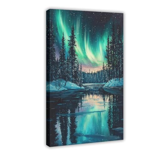 XAHOR Winter Aurora Borealis Wall Art – Icy Lake Reflection Northern Lights Canvas, Modern Abstract Landscape Canvas Poster Bedroom Decor Sports Landscape Office Room Decor Gift 12x18inch(30x45cm)