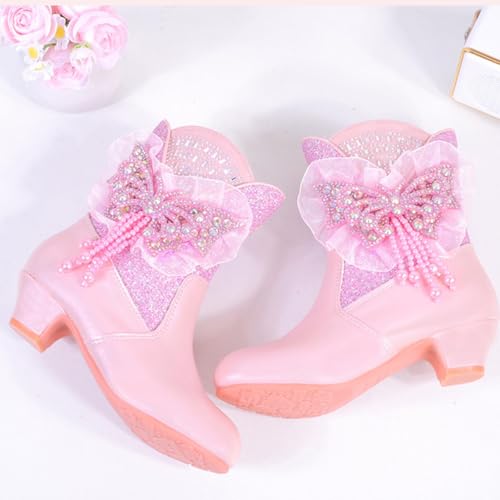 Girls Cute Ankle Boots Butterfly Pearl Sequin Dress Boots Chunky Heel Side Zipper Short Booties for Kids 3-12 Years3