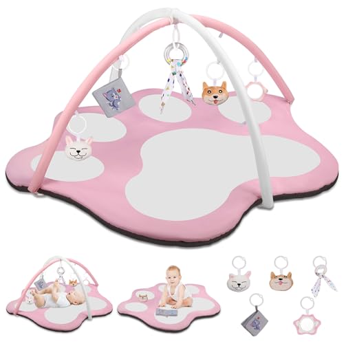Image of Baby Gym Activity Play Mat,Oversize Cute Cat Claw Shaped Baby Play Mat Tummy Time Mat with 5 Detachable Toys Promote Motor Skills & Sensory Development Playmats Washable for Infant Toddler Pink