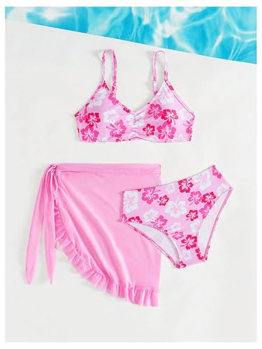 Girl's 3 Piece Floral Swimsuits Ruched V Neck Bikini Bathing Suits with Mesh Skirt Cover Up3