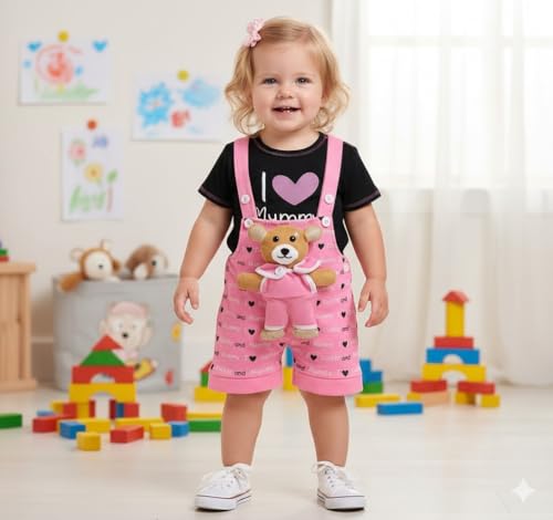 Image of A.T.U.N. (ALL THINGS UBER NICE) Baby Girls Cotton Denim Dungaree Set with 3D Teddy Bear Design |Printed T-Shirt with Adjustable Straps | Stylish & Comfortable Daily Outfit for Baby Unisex