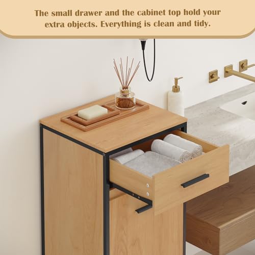 EUGAD Badezimmerschrank mit faltbarem Wäschesack, Wäscheschrank Wäschesammler Wäschekorb mit Schublade, Badschrank Badmöbel mit Metallrahmen, helle Eiche + Schwarz, 38x80x34 cm
