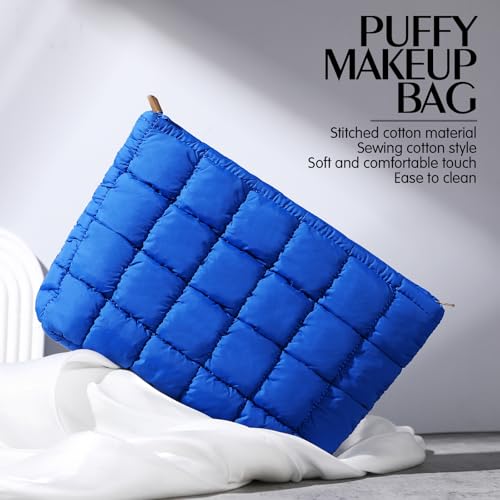 Hillban Puffy Quilted Makeup Bag Quilted Cosmetic Bag Cute Puffer Toiletry Checkered Pouch Aesthetic Travel Makeup Brushes Organizer(Blue,Classic)2