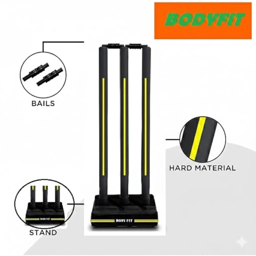 Image of Bodyfit Heavy Cricket Stumps | PVC Wickets Set, 4 Stumps + 2 Bails + 2 Stands | Full Size Wickets for Cricket Ground, Tournament Wicket Black. (Black-Yello)