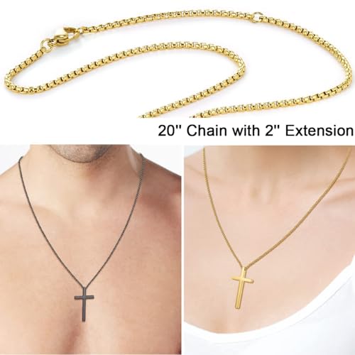 Cyqzi Mens Cross Necklace, Stainless Steel Cross Necklace for Men Chain with Cross Pendant Jewelry Prayer Gifts Box,20+2 Inches, No Gemstone-Gold — view 2