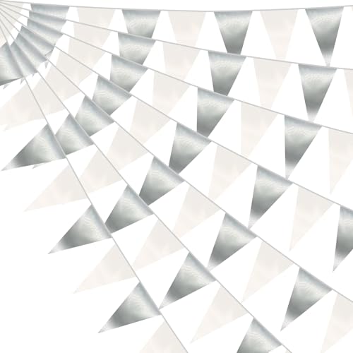 Image of 130FT White Silver Triangle Pennant Banner Flag Metallic Fabric Bunting Garland for Christmas Graduation Birthday Wedding Bridal Shower Nautical Ahoy Achor Theme Party Decorations Supplies
