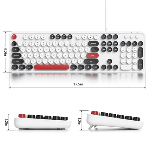 Image of Owpkeenthy Wired Cute Keyboard, Plug and Play USB Retro Round Typewriter Keyboard, Full Size Wired Keyboard with Foldable Stands for Laptop and Office PC (Minimalist White)