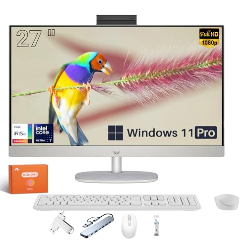 Image of HP 27 inch Touchscreen All in One Desktop Computer, Intel 12-Core Ultra 7, FHD IPS Display, Adjustable Height, 64 GB DDR5, 2 TB SSD, Win 11 Pro, Shell White, with Accessories