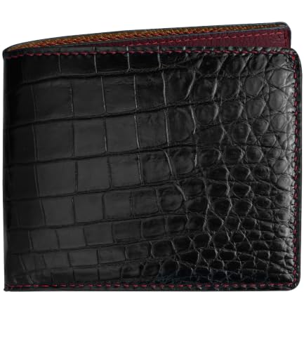 Image of Mens Black Red Slim Bifold Leather Wallets RFID Blocking Leather Wallet Double Side Luxury Passcase with ID Window Classic Handmade Gift for Dad Son Husband Boyfriend, Wedding, Father's Day VIMIX-81
