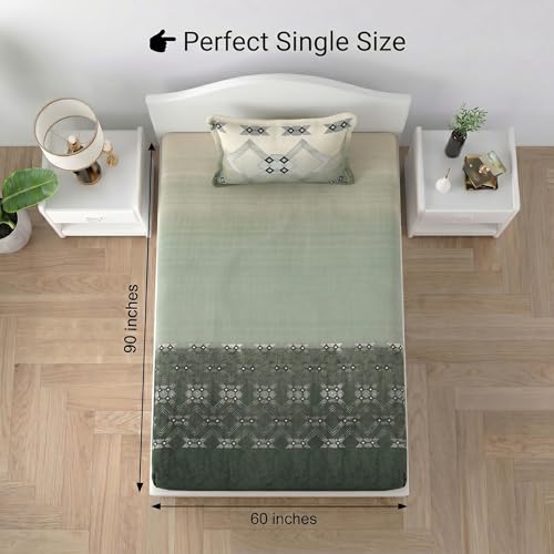 Image of Mafatlal 186 TC Autumn Delight Graceful Pure Cotton Single Flatsheet (60 x 90 Inch) | Breathable Summer Comfort | Wrinkle-Free Floral Bedsheet with 1 Pillow Cover, Luxe Green