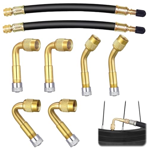 NIYATA 8 Pièces Rallonge de Valve de Pneu en Cuivre, Adaptateur 45 90 135 Degrés, 2 Extensions Flexibles 180mm, Rallonge Gonflage Pneu Durable, pour Voiture...