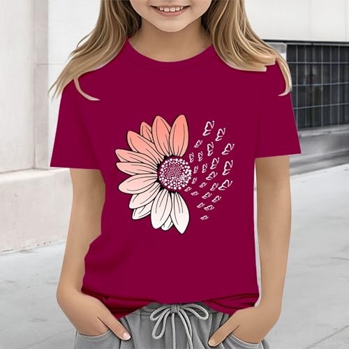 Girls Loose Fit Sunflower Graphic T Shirts Short Sleeve Crewneck Cute Pattern Printed Tops Kids (B-Wine, 10-11 Years)4
