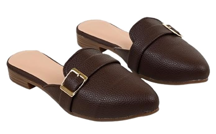 Women’s Backless Mule Flats with Gold Buckle – Elegant Slip-On Loafers for Office & Casual Wear-image-3