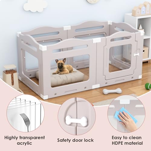 Clevich Welpenauslauf aus Acryl 60 cm hoch, 5 PCS +1 Laufstall Hund mit Tür, gitterloser Welpenlaufstall, Hundelaufstall für Wohnung faltbar, Saugnapf, Indoor-Hundezwinger für Welpen, Warmgrau