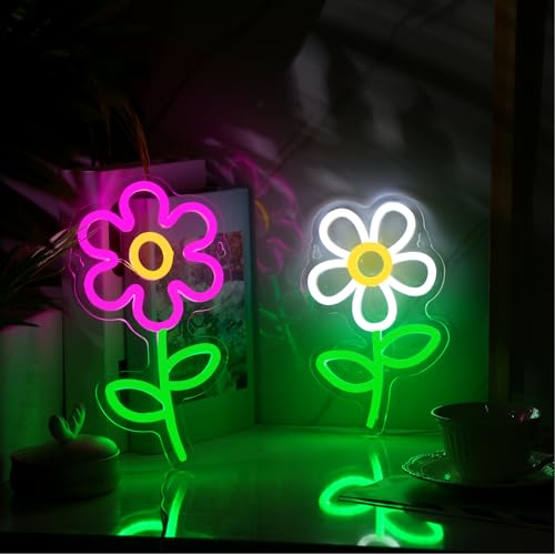 Xuhal 2 Pieces Daisy Flower Neon Sign Daisy Shaped Neon Light Aesthetic LED Sign Daisy Decor Wall Hanging Decoration for Bedroom Living Room Dining Room Bar Club Party, USB Powered