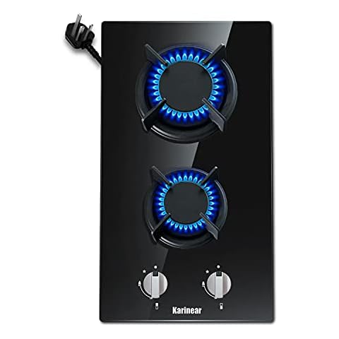 Karinear Plug in 2 Zone Gas Hob with Crystal Glass Cooktop, 3500W Knob Control, NG Original Nozzle, come with LPG Replace Cover