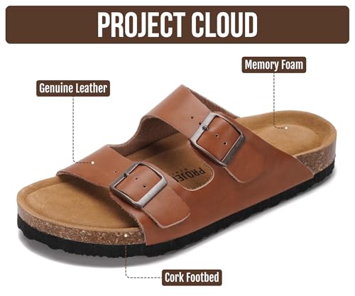Image of Project Cloud 100% Genuine Leather Flat Sandals For Women 2026 Cork Footbed Womens Sandals with Memory Foam and arch support Vacation Essentials Slides for Women Footwear (Venita)