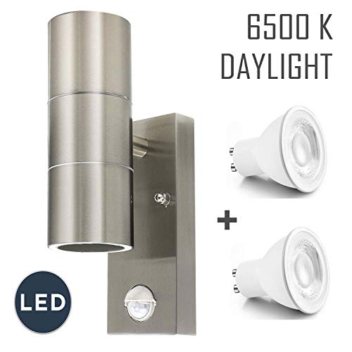 LightHub LED Up & Down Lampada da parete per esterni in acciaio inox con sensore di movimento PIR IP44 Sensore PIR con lampadine LED a luce diurna 6400k