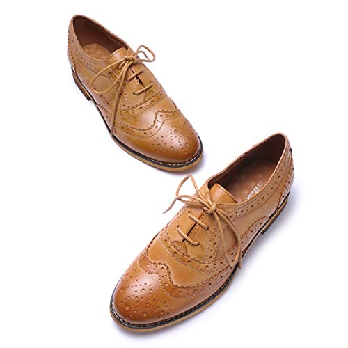 Mona Flying Women's Leather Perforated Lace-Up Saddle Oxfords Brogue Wingtip Derby Shoes #TOP6