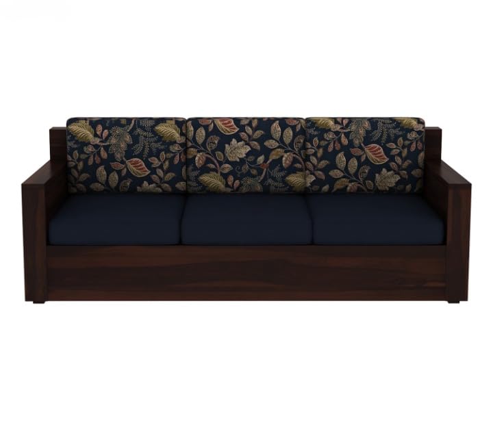Image of Kunjal Furniture Solid sheesham Wood Wooden 3 Seater Sofa for Living Room - Sofa with Cousins seat - Sitting Pretty 3-Seater Couch (Walnut, Modern+Blue)