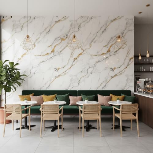 Image of VKR Premium Self Adhesive Waterproof Wallpaper | Peel & Stick Vinyl Furniture Covering for Kitchen Counter, Wardrobe, Table & Shelf Decor (White & Golden, Pack of 1)
