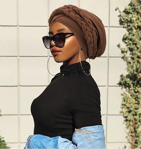 Image of DRESHOW African Women Turban Caps Cotton Beanie Twist Headscarf Pre-Tied Double Twisted Braids Wrap Hat Chemo Cancer Cap