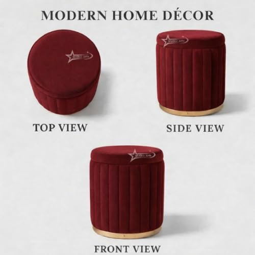 Image of Round Strip Stool with Cushion Foot Rest Office Stool Pouf Ottoman Padded Seat in Living Room - RED