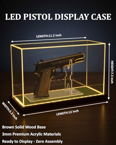 Image of Premium Acrylic Pistol Display Case with Amber Yellow LED Light, Solid Wood Base & Built-in Stand | UV Resistant Pistol Display Box for Gun Collector, Fits Most Pistols - 12 inch x 5.3 inch x 7.5 inch
