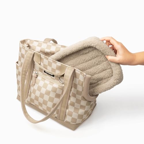 Cleverpup Transit Tote Dog Carrier for Small Dogs Under 8 lbs, 16x11x8 Soft-Sided 4-Pc Set with Waterproof Base, Plush Insert, Food Pouch, Mesh Head Opening - Small, Checkerboard - Image 4