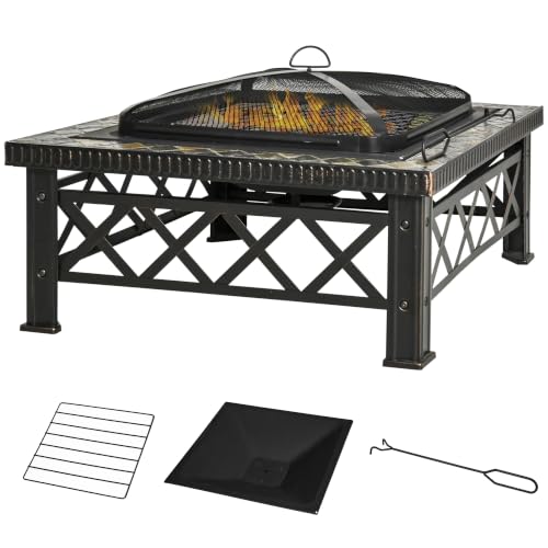 Outsunny 3-in-1 Feuerschale mit Funkenschutz Schwarz 76cm x 76cm x 47cm
